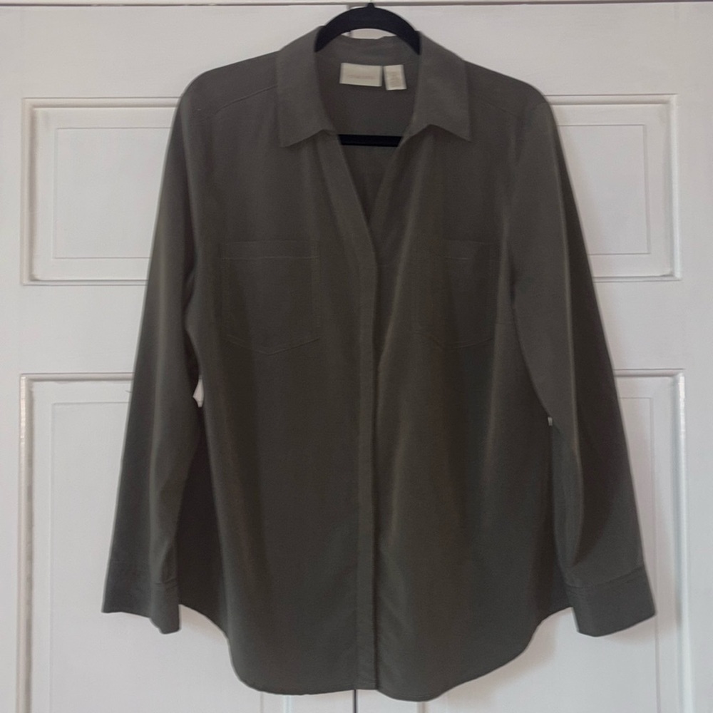 Chico’s Size 2 Olive Solid Hidden Button Down‎ Ut… - image 1